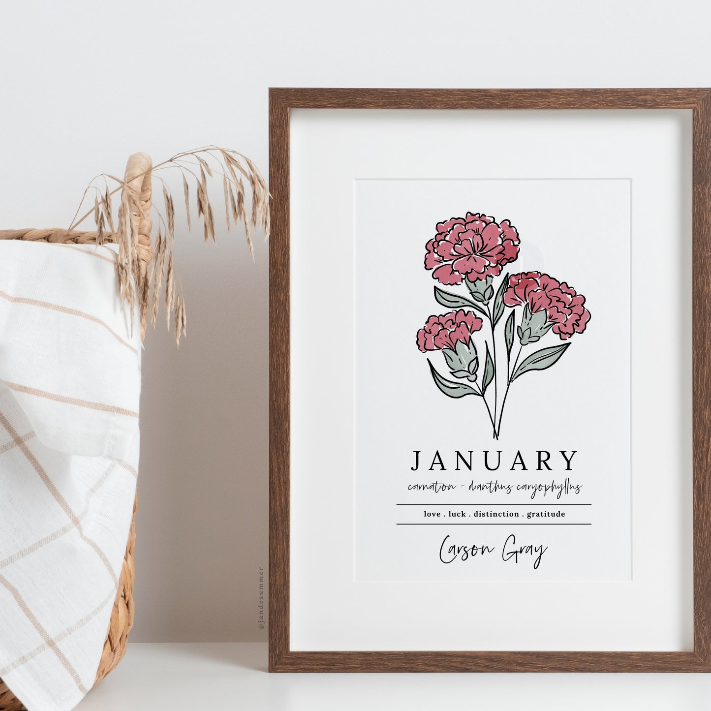 January Red Carnation Birth Flower Personalized Name Unframed Art Print | Gift for Birthdays | Nursery Wall Decor