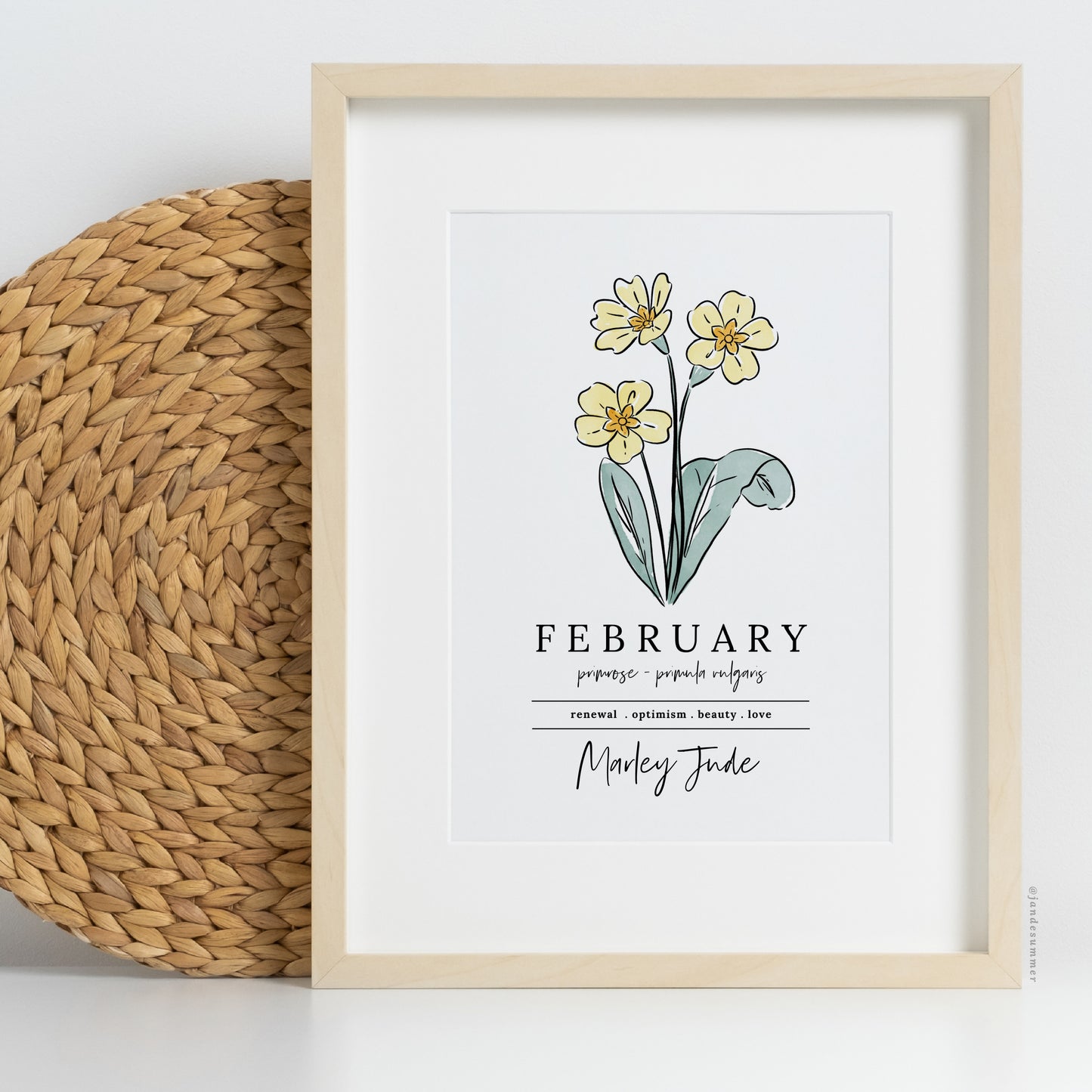 February Yellow Primrose Birth Flower Personalized Name Unframed Art Print | Gift for Birthdays | Nursery Wall Decor