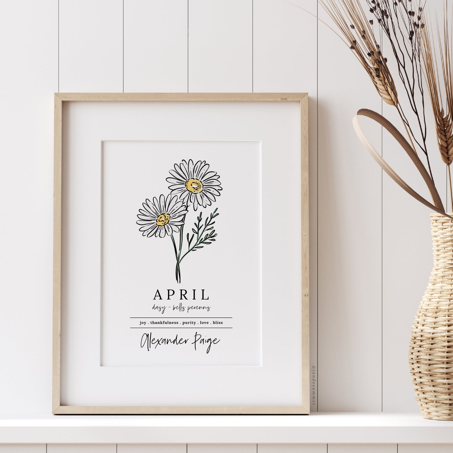 April Daisy Birth Flower Personalized Name Unframed Art Print | Custom Gift for Birthdays | Nursery Wall Decor | Floral Wall Decor