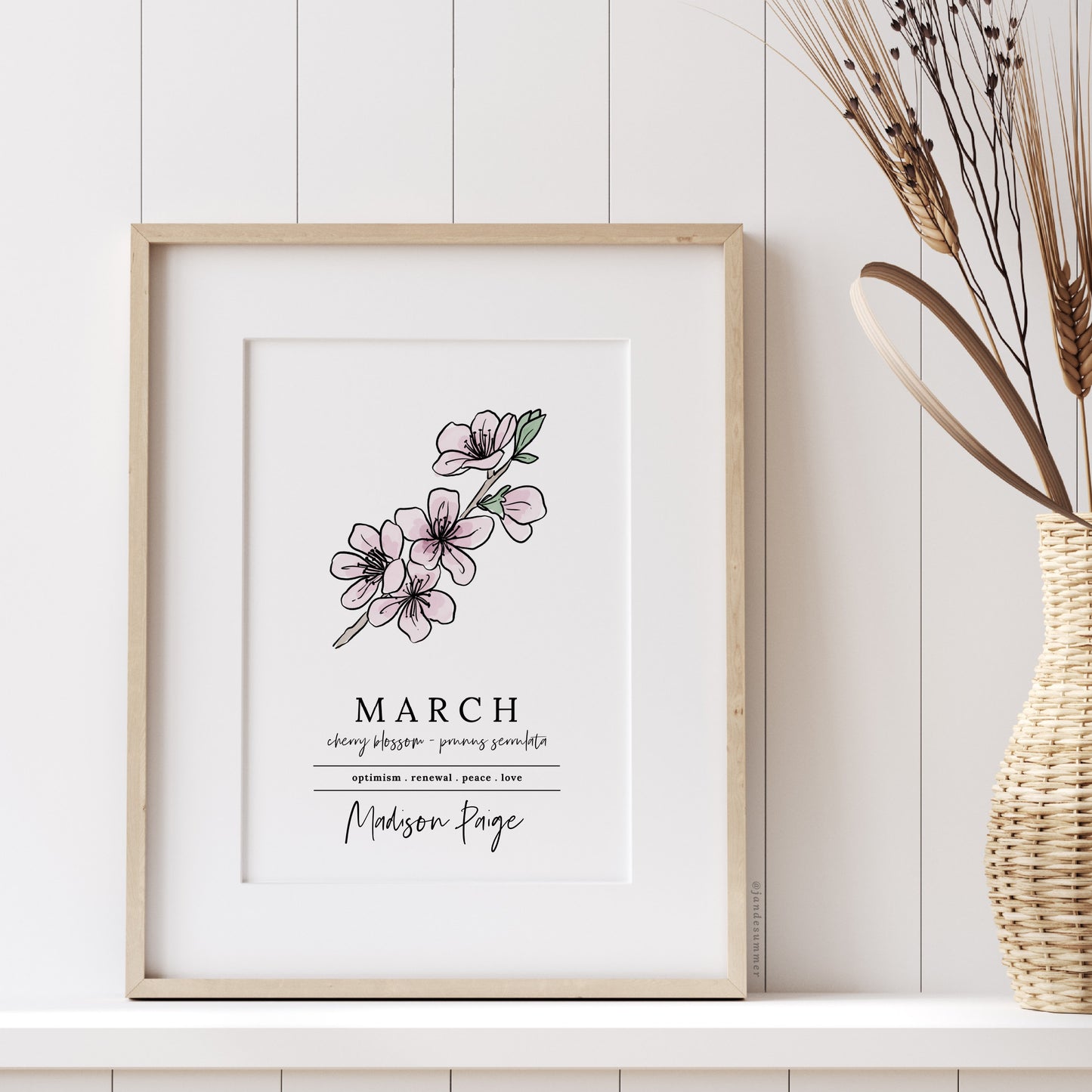 March Cherry Blossom Birth Flower Personalized Name Unframed Art Print | Custom Gift for Birthdays | Nursery Wall Decor