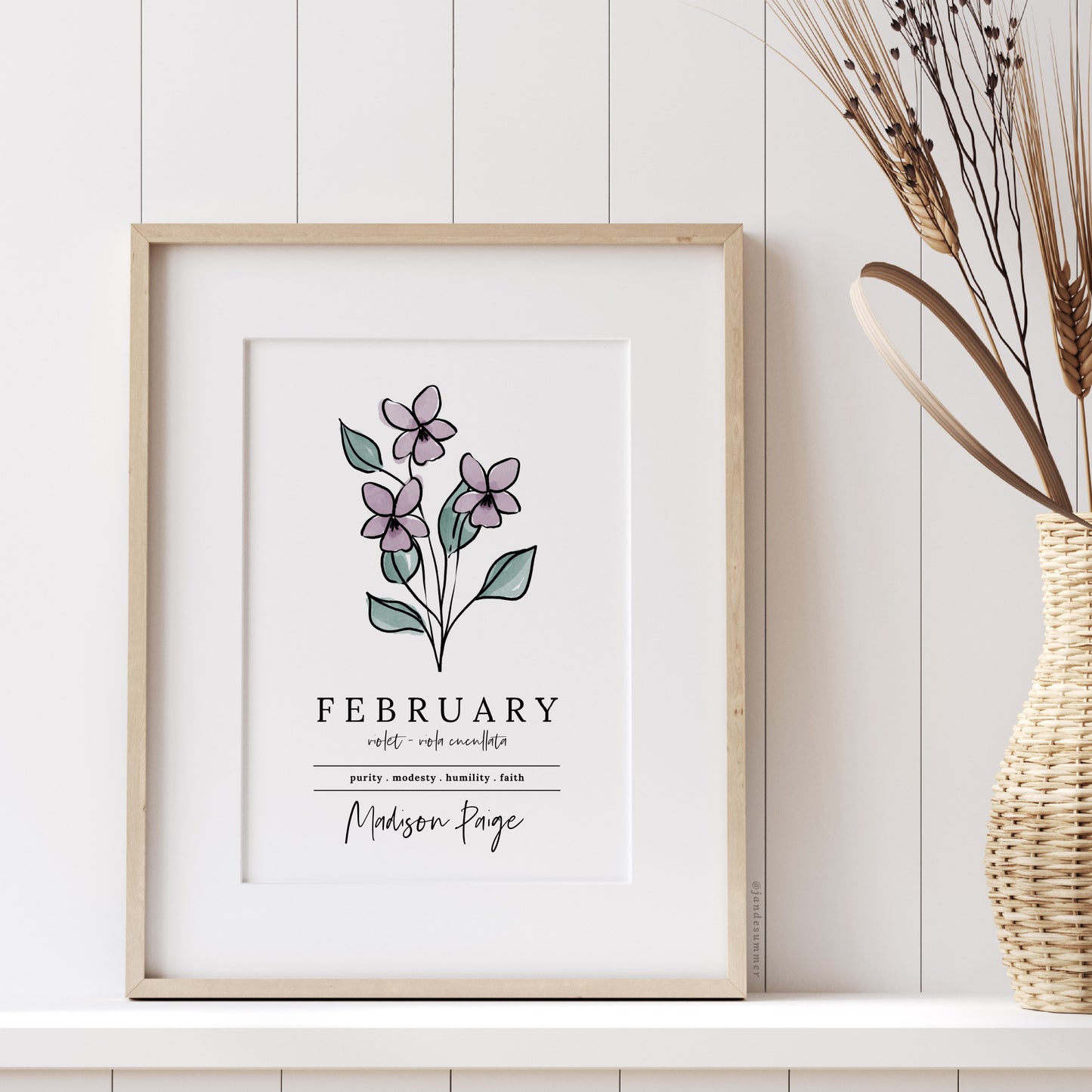 February Purple Violet Birth Flower Personalized Name Unframed Art Print | Gift for Birthdays | Nursery Wall Decor