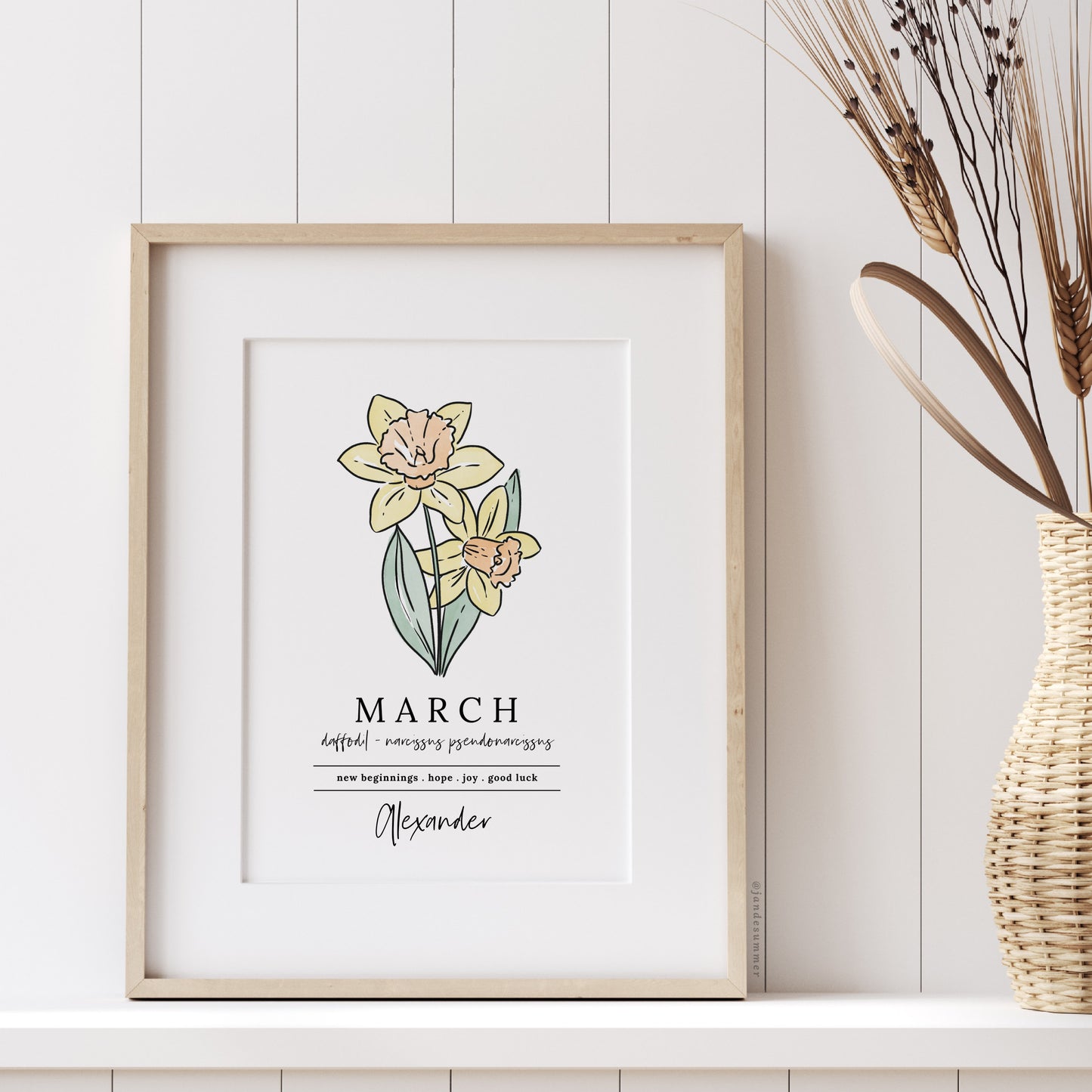 March Yellow Daffodil Birth Flower Personalized Name Unframed Art Print | Custom Gift for Birthdays | Nursery Wall Decor