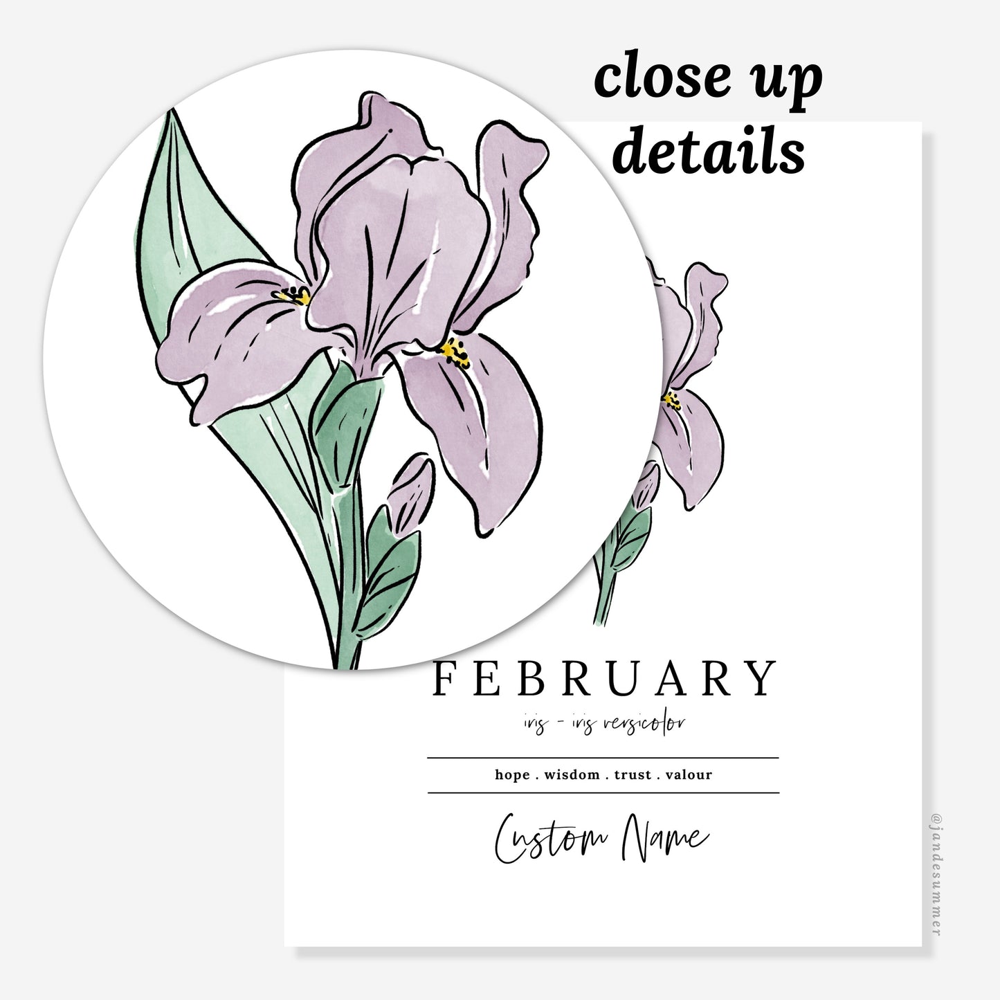 February Iris Birth Flower Personalized Name Unframed Art Print | Custom Gift for Birthdays | Nursery Wall Decor | Floral Wall Decor