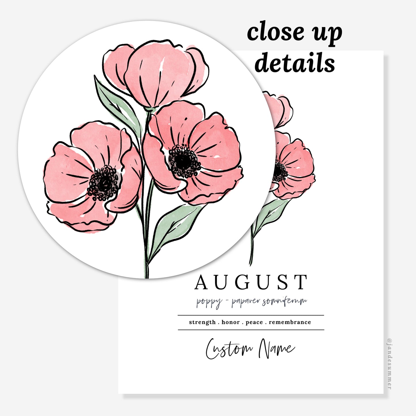 August Poppy Gladiolus Birth Flower Art Print | Personalized Unframed Birthday Floral Illustration