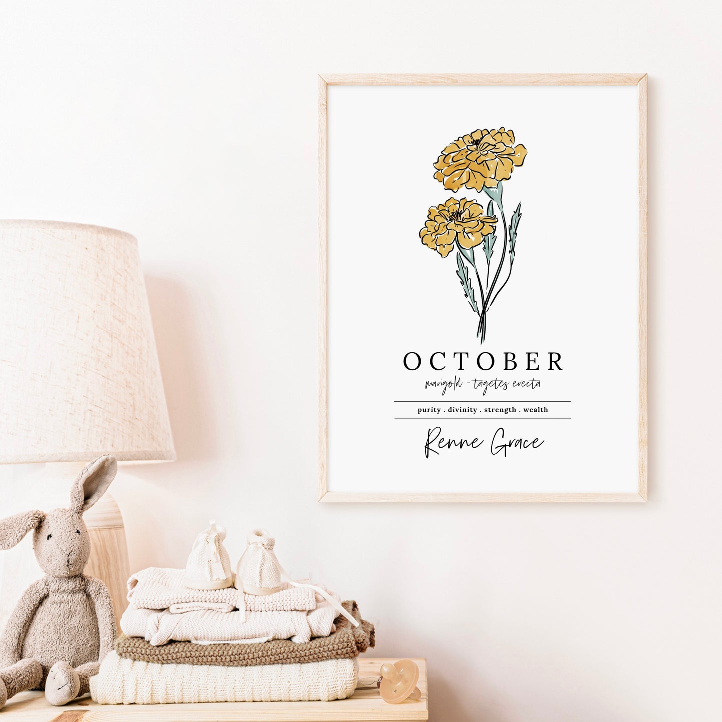 October Marigold Birth Flower Art Print | Personalized Unframed Birthday Floral Illustration