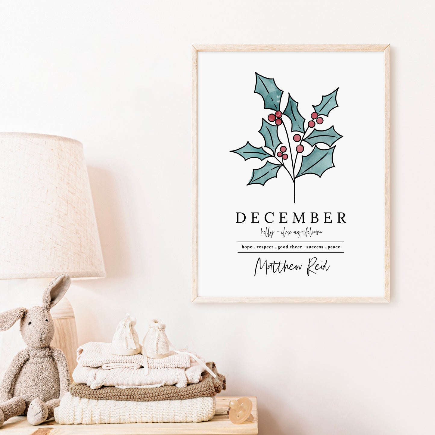 December Holly Birth Flower Art Print | Personalized Unframed Birthday Gift | Floral Illustration