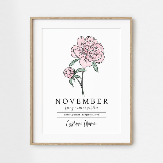 November Peony Birth Flower Art Print | Personalized Unframed Birthday Gift | Floral Illustration