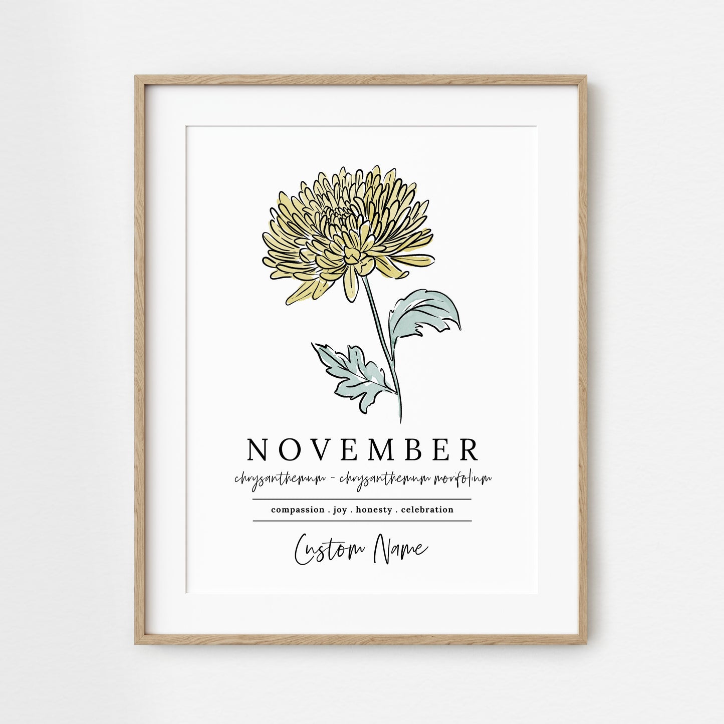 November Chrysanthemum Birth Flower Art Print | Personalized Unframed Birthday Gift | Floral Illustration