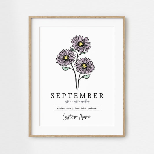 September Aster Birth Flower Art Print | Personalized Unframed Birthday Floral Illustration