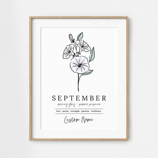 September Morning Glory Birth Flower Art Print | Personalized Unframed Birthday Floral Illustration