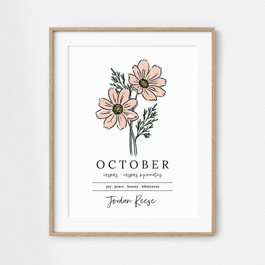 October Cosmos Birth Flower Art Print | Personalized Unframed Birthday Floral Illustration