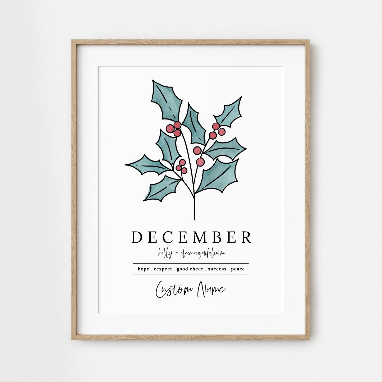 December Holly Birth Flower Art Print | Personalized Unframed Birthday Gift | Floral Illustration