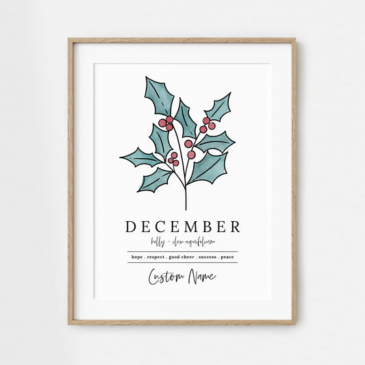December Holly Birth Flower Art Print | Personalized Unframed Birthday Gift | Floral Illustration