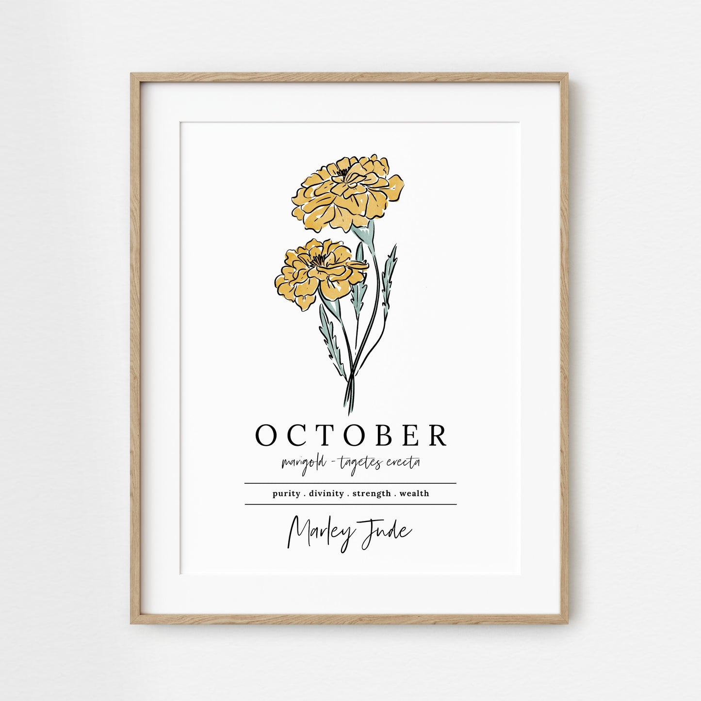 October Marigold Birth Flower Art Print | Personalized Unframed Birthday Floral Illustration