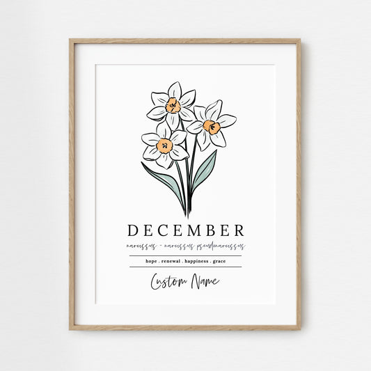 December Narcissus Birth Flower Art Print | Personalized Unframed Birthday Gift | Floral Illustration