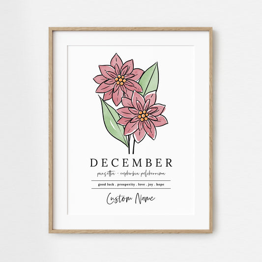 December Poinsettia Birth Flower Art Print | Personalized Unframed Birthday Gift | Floral Illustration