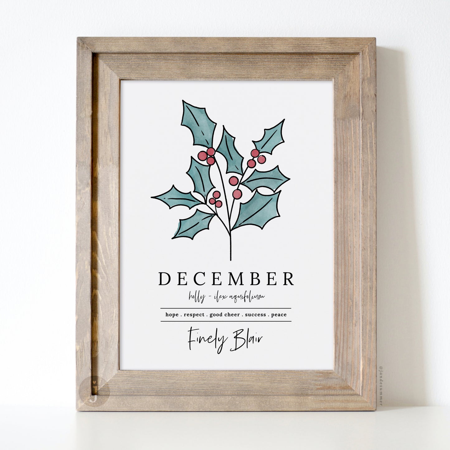 December Holly Birth Flower Art Print | Personalized Unframed Birthday Gift | Floral Illustration
