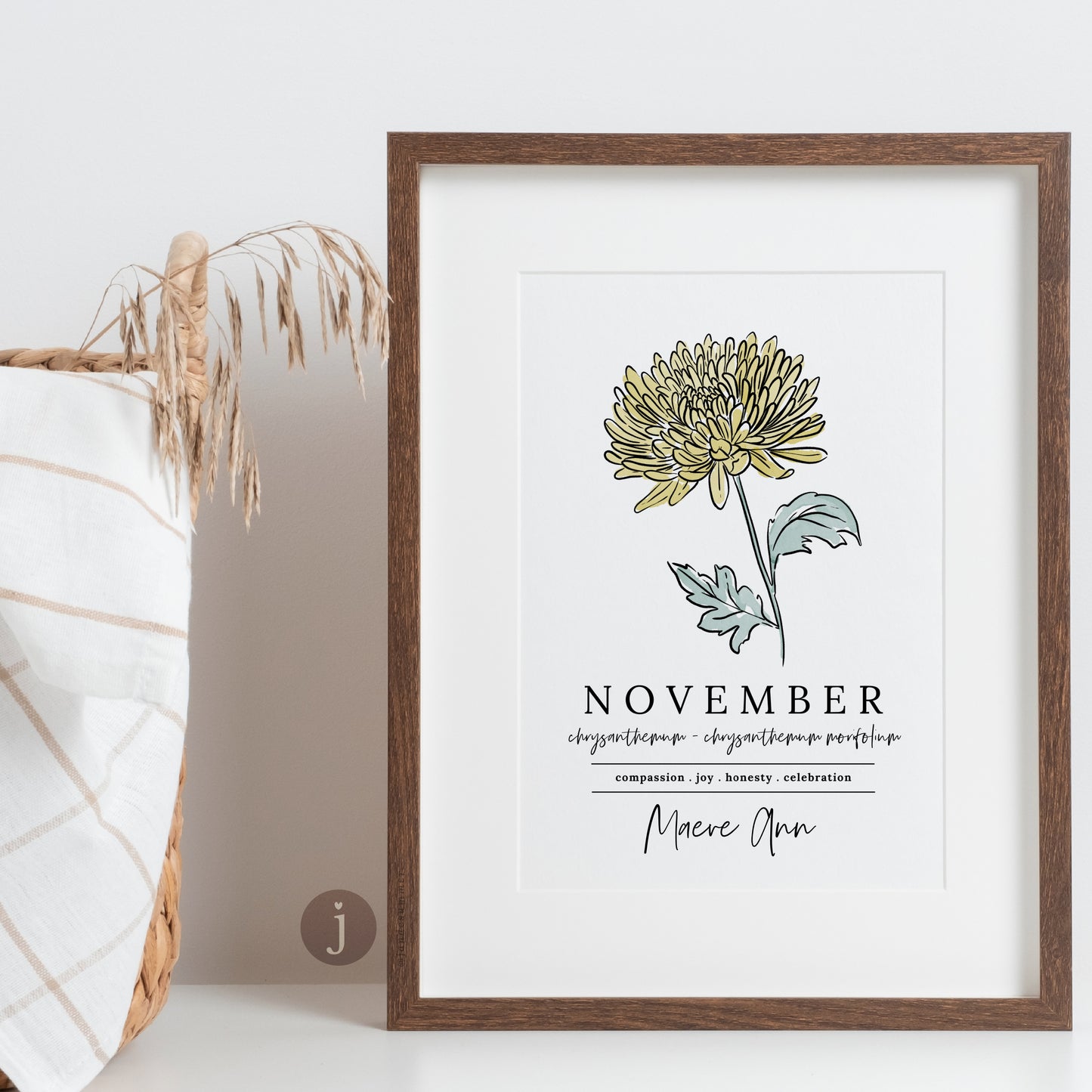 November Chrysanthemum Birth Flower Art Print | Personalized Unframed Birthday Gift | Floral Illustration
