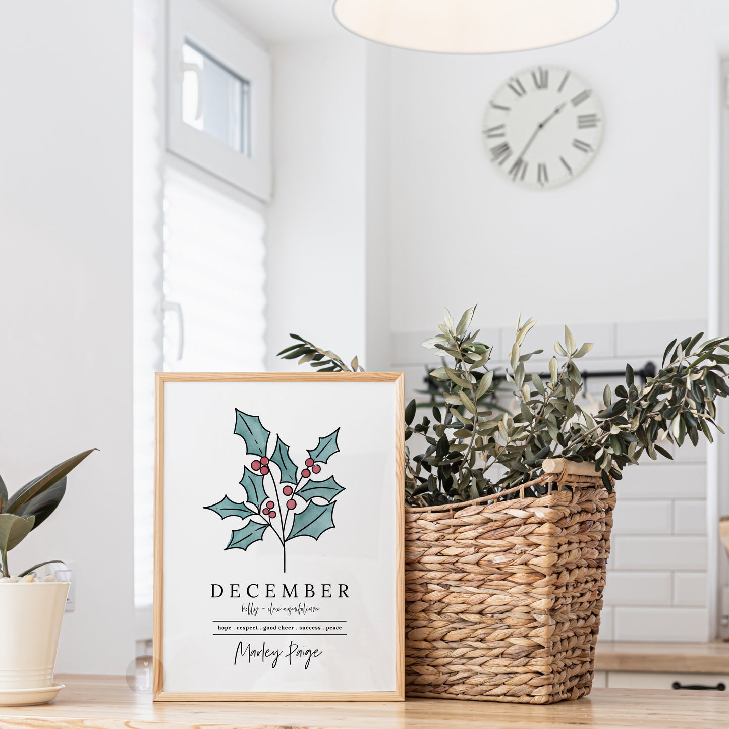 December Holly Birth Flower Art Print | Personalized Unframed Birthday Gift | Floral Illustration