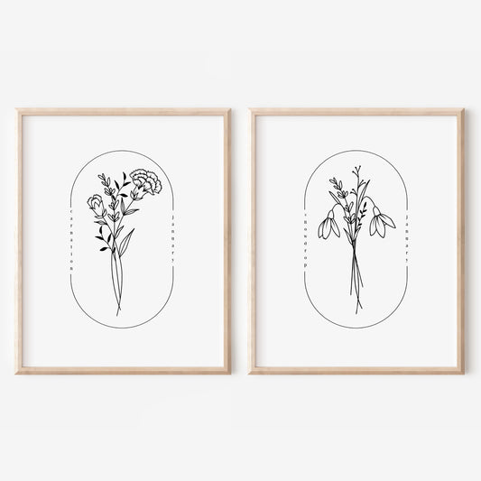 January Birth Flower Print | Carnation Snowdrop Simple Floral Wall Decor | Nursery Art Birthday Gift Remembrance Keepsake