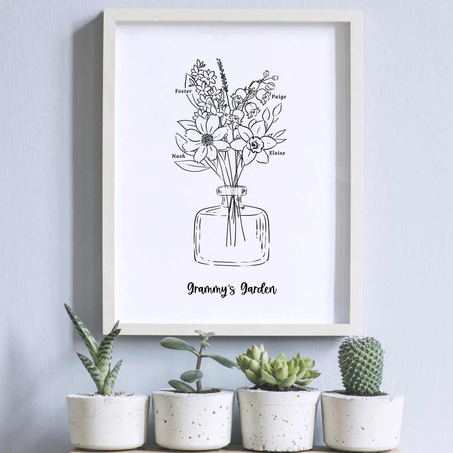 Birth Flower Bouquet Art Print Up to 6 Flowers | Black & White Floral Vase Sketch | Sweet Simple Keepsake Gift