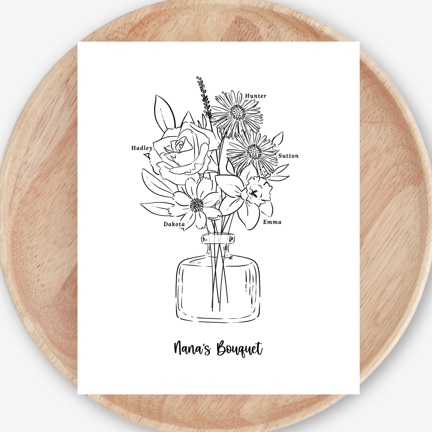 Birth Flower Bouquet Art Print Up to 6 Flowers | Black & White Floral Vase Sketch | Sweet Simple Keepsake Gift