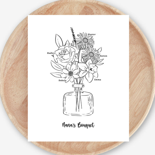 Birth Flower Bouquet Art Print Up to 6 Flowers | Black & White Floral Vase Sketch | Sweet Simple Keepsake Gift