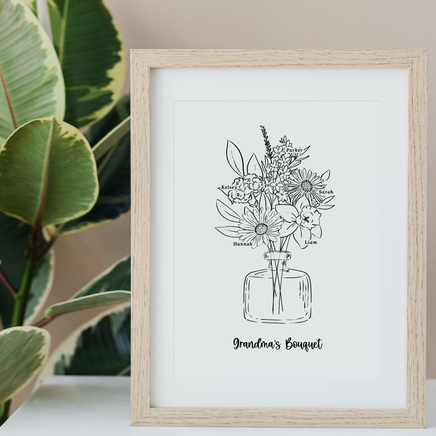 Birth Flower Bouquet Art Print Up to 6 Flowers | Black & White Floral Vase Sketch | Sweet Simple Keepsake Gift