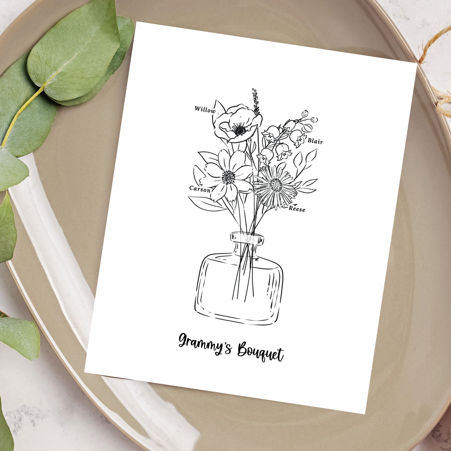 Birth Flower Bouquet Art Print Up to 6 Flowers | Black & White Floral Vase Sketch | Sweet Simple Keepsake Gift