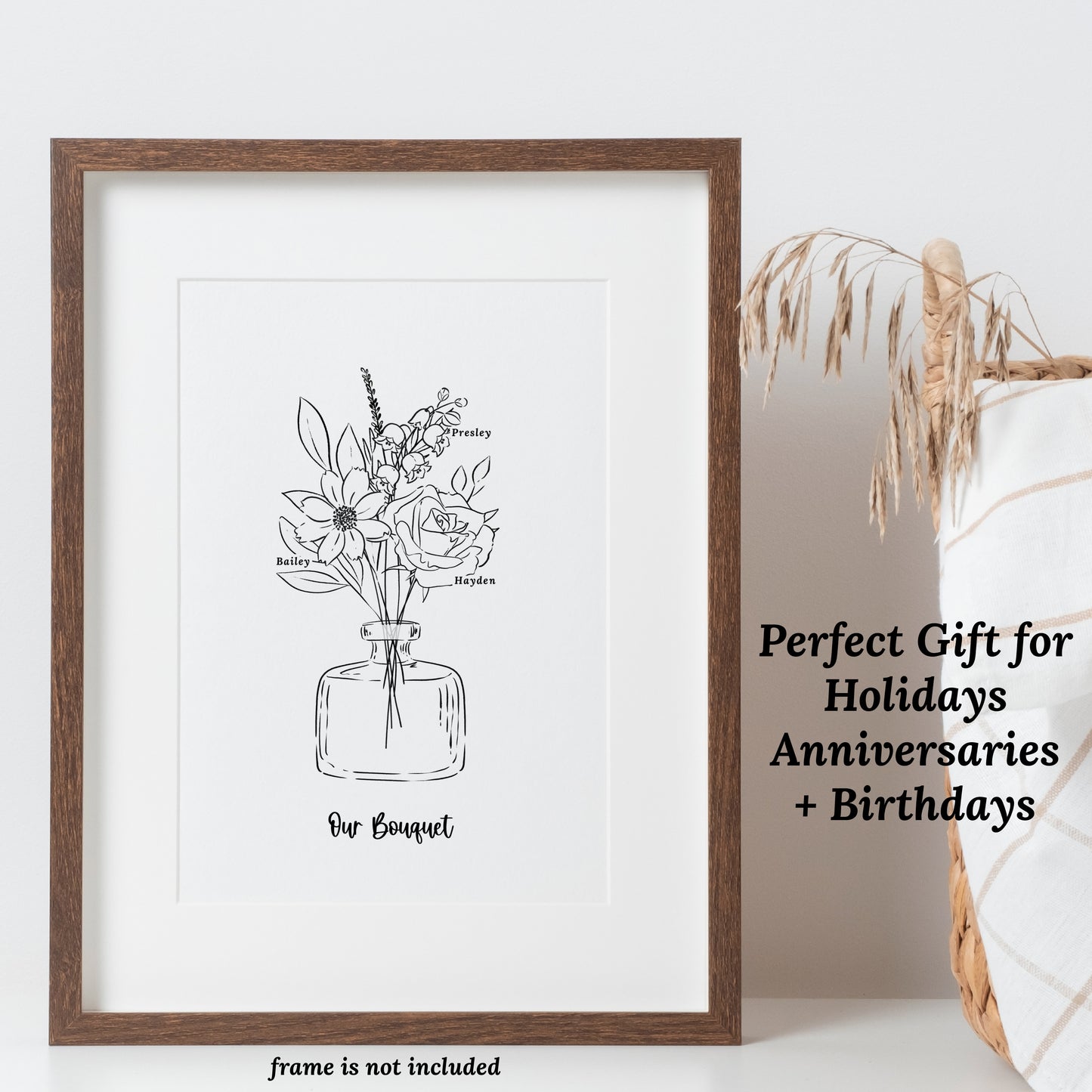 Birth Flower Bouquet Art Print Up to 6 Flowers | Black & White Floral Vase Sketch | Sweet Simple Keepsake Gift