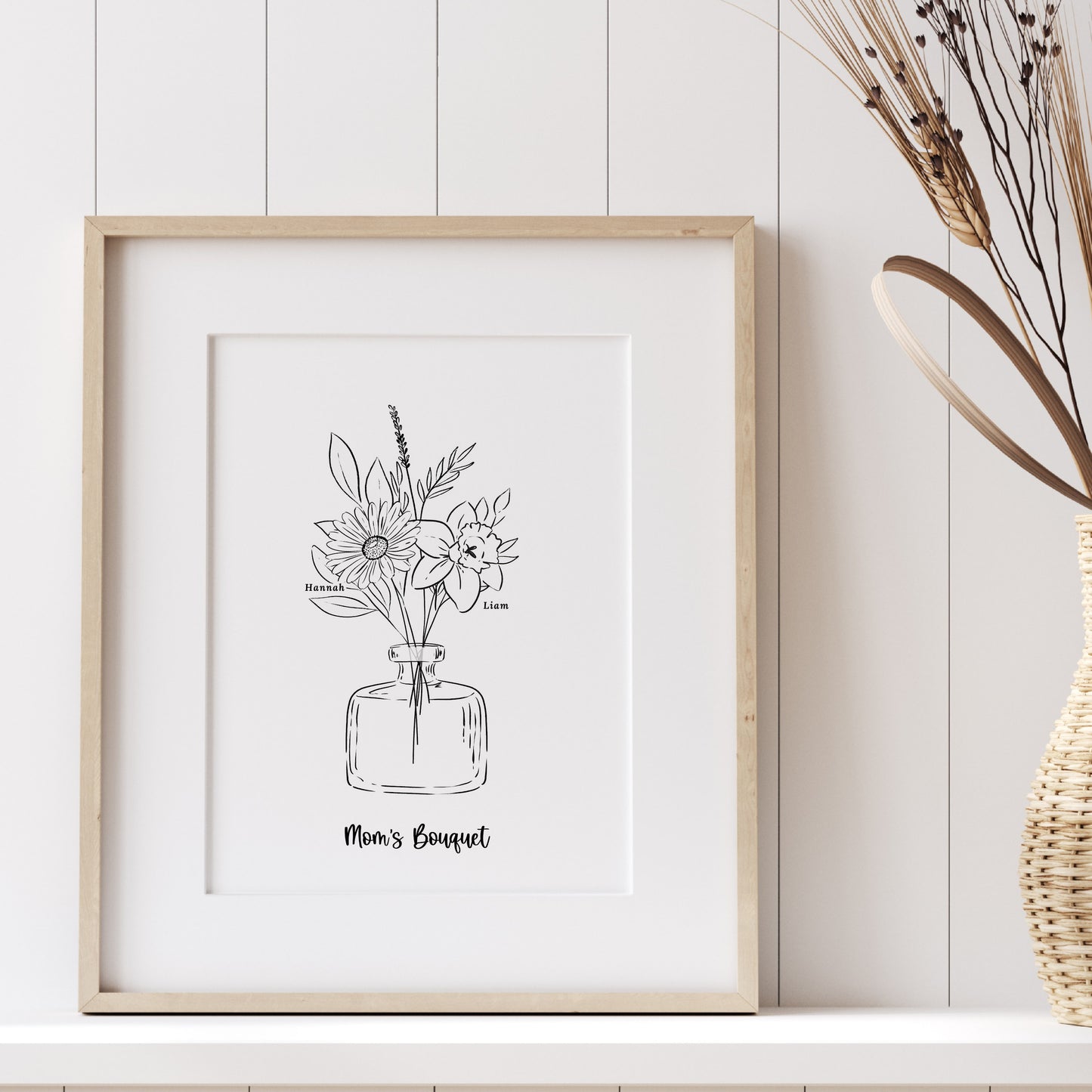 Birth Flower Bouquet Art Print Up to 6 Flowers | Black & White Floral Vase Sketch | Sweet Simple Keepsake Gift