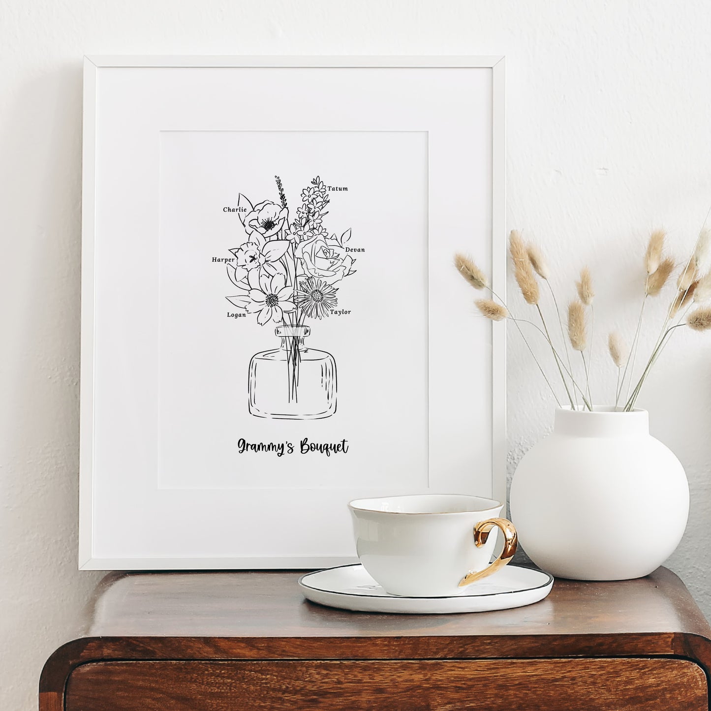 Birth Flower Bouquet Art Print Up to 6 Flowers | Black & White Floral Vase Sketch | Sweet Simple Keepsake Gift