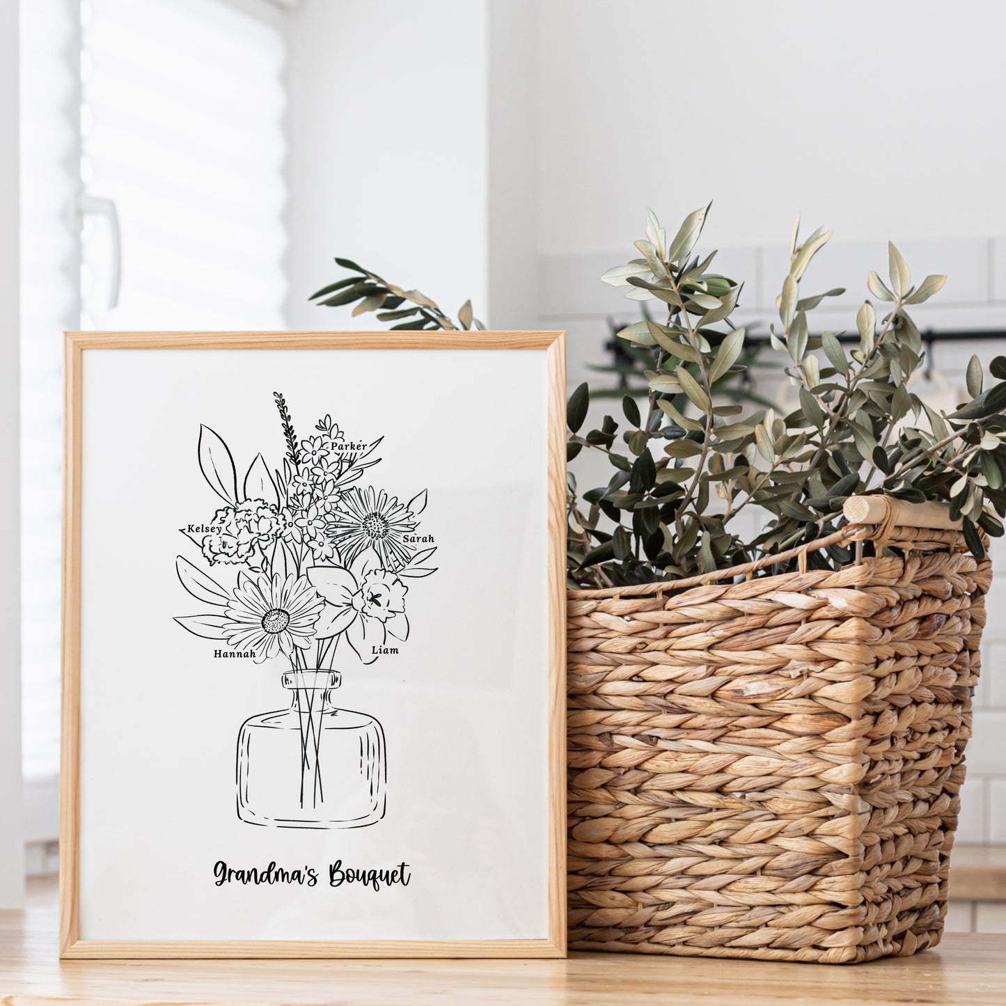 Birth Flower Bouquet Art Print Up to 6 Flowers | Black & White Floral Vase Sketch | Sweet Simple Keepsake Gift