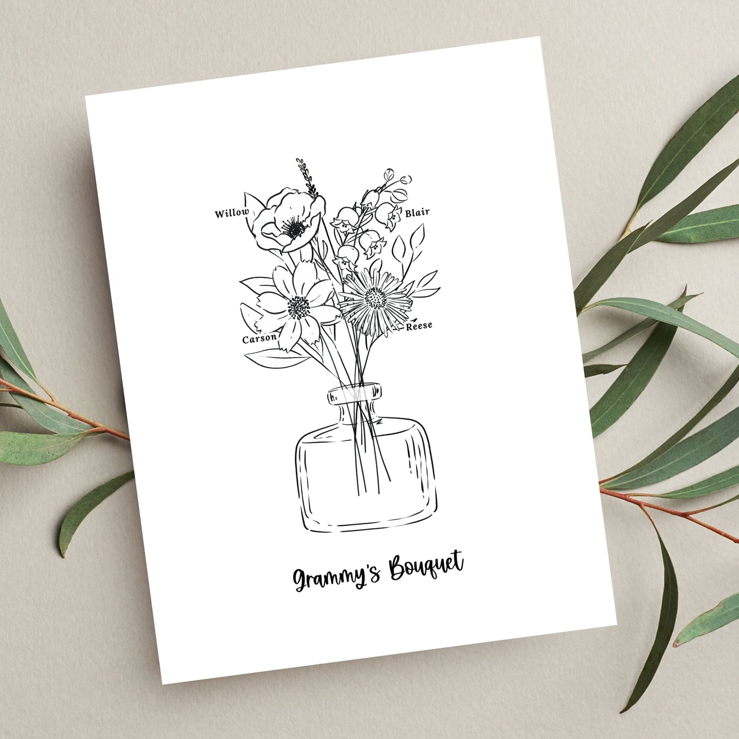 Birth Flower Bouquet Art Print Up to 6 Flowers | Black & White Floral Vase Sketch | Sweet Simple Keepsake Gift