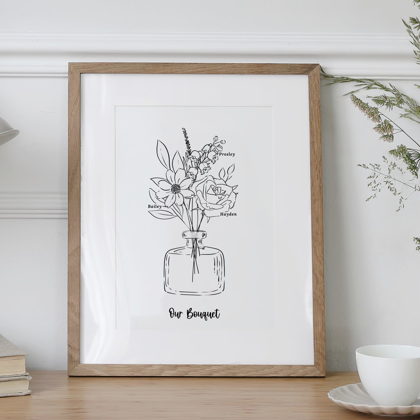 Birth Flower Bouquet Art Print Up to 6 Flowers | Black & White Floral Vase Sketch | Sweet Simple Keepsake Gift