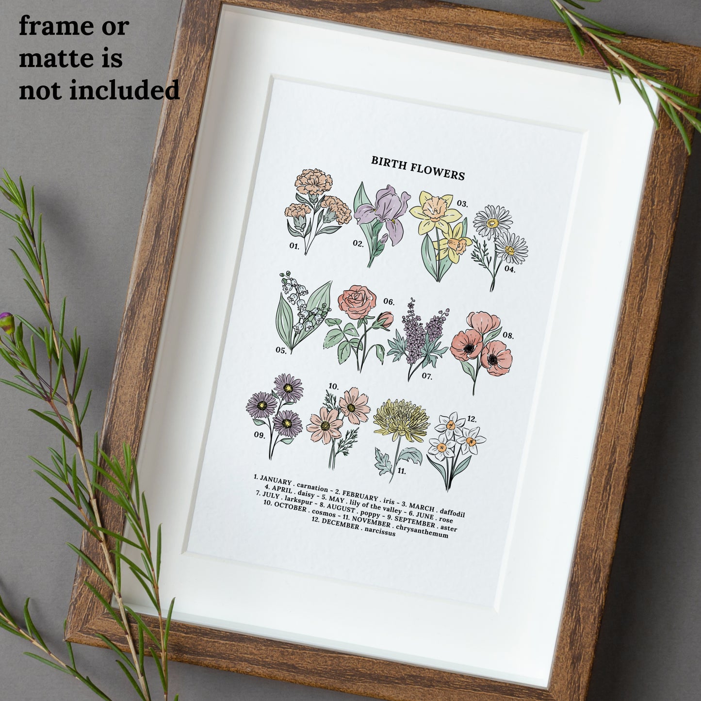 Birth Flower Chart Unframed Art Print | Illustrated Sketched Birthday Month Floral Unframed Art Wall Décor