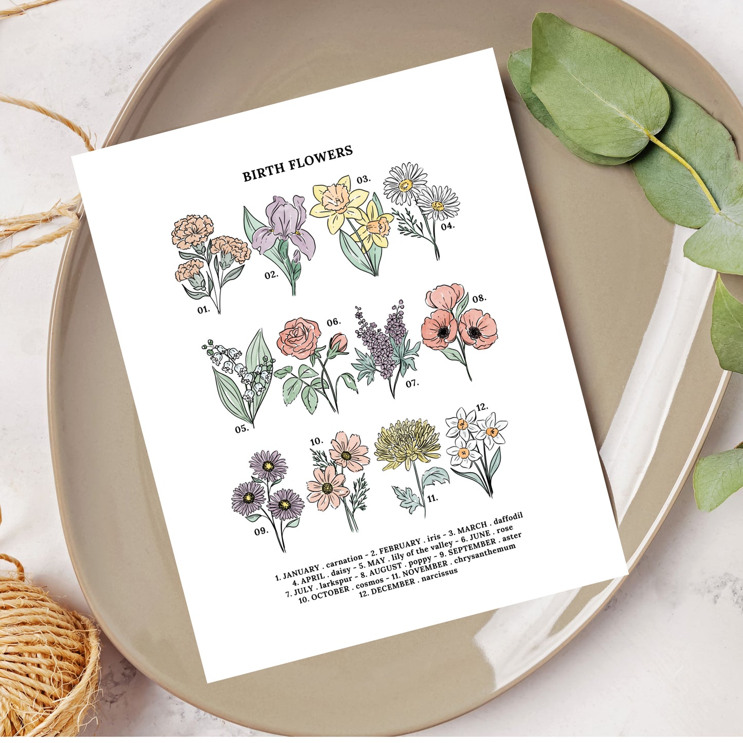 Birth Flower Chart Unframed Art Print | Illustrated Sketched Birthday Month Floral Unframed Art Wall Décor