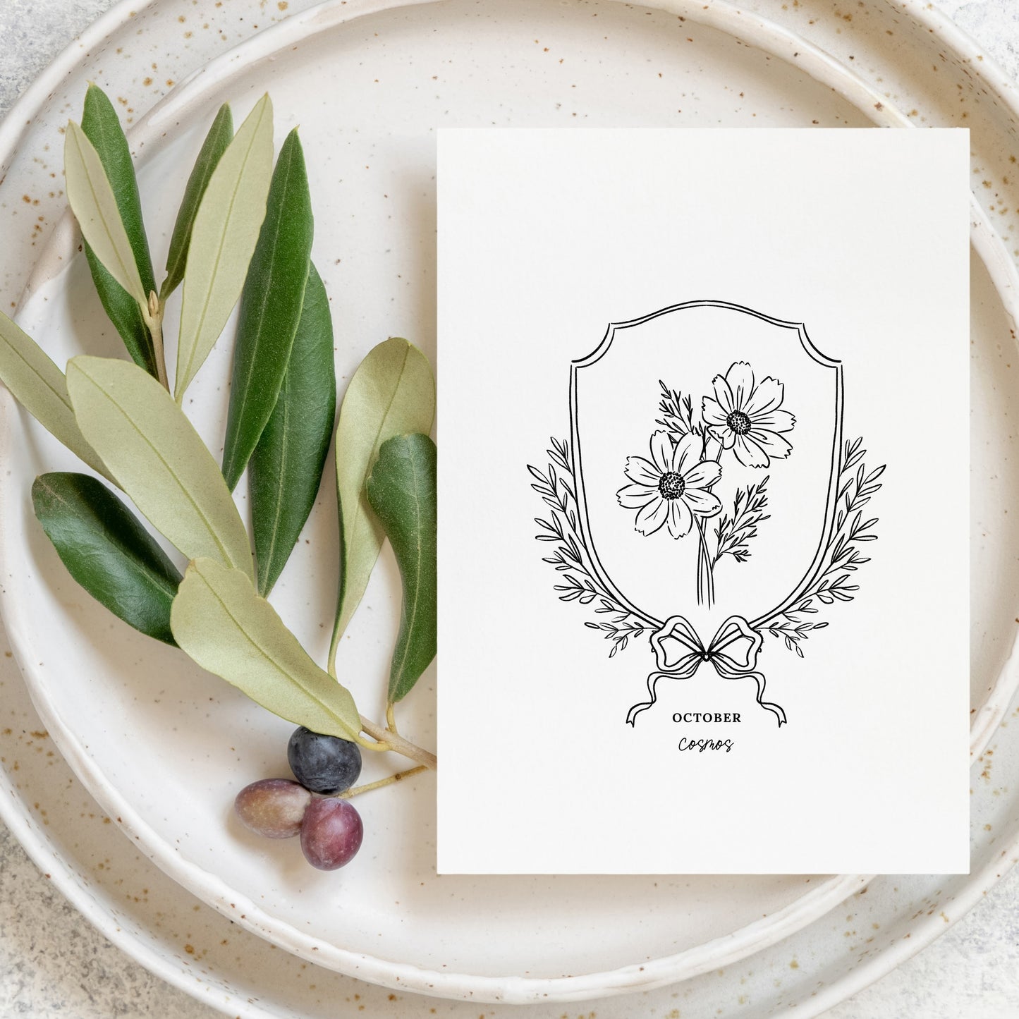 Pick Your Birth Flower Print | Unframed Custom Gift for Birthdays | Sketched Crest & Bow Floral Illustration