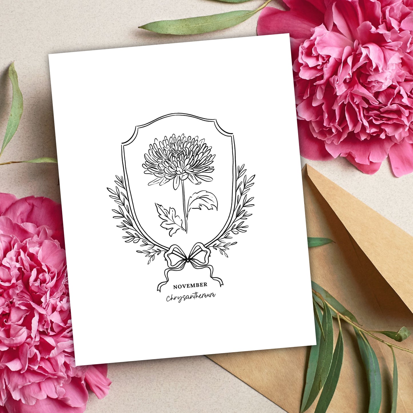 Pick Your Birth Flower Print | Unframed Custom Gift for Birthdays | Sketched Crest & Bow Floral Illustration