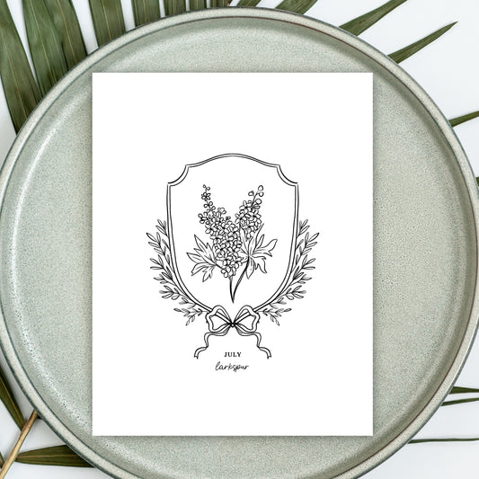 Pick Your Birth Flower Print | Unframed Custom Gift for Birthdays | Sketched Crest & Bow Floral Illustration