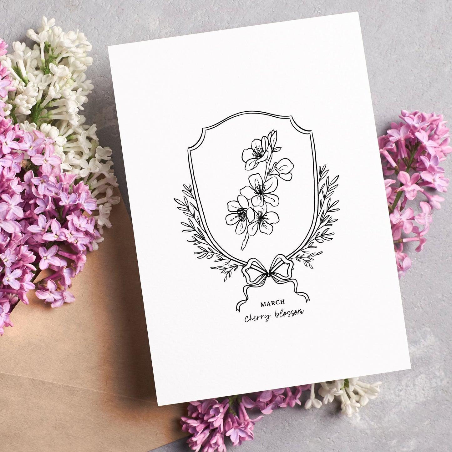 Pick Your Birth Flower Print | Unframed Custom Gift for Birthdays | Sketched Crest & Bow Floral Illustration