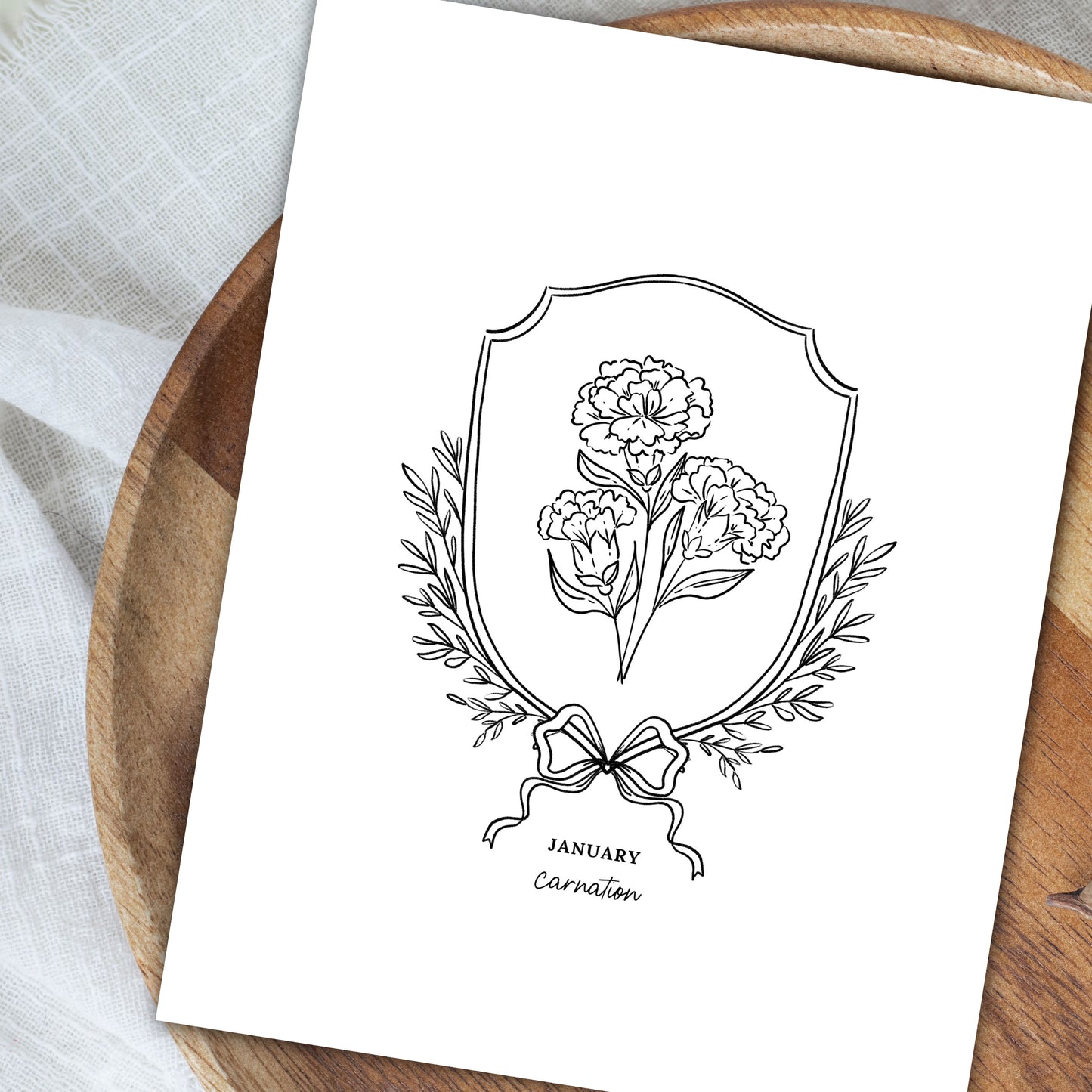 Pick Your Birth Flower Print | Unframed Custom Gift for Birthdays | Sketched Crest & Bow Floral Illustration