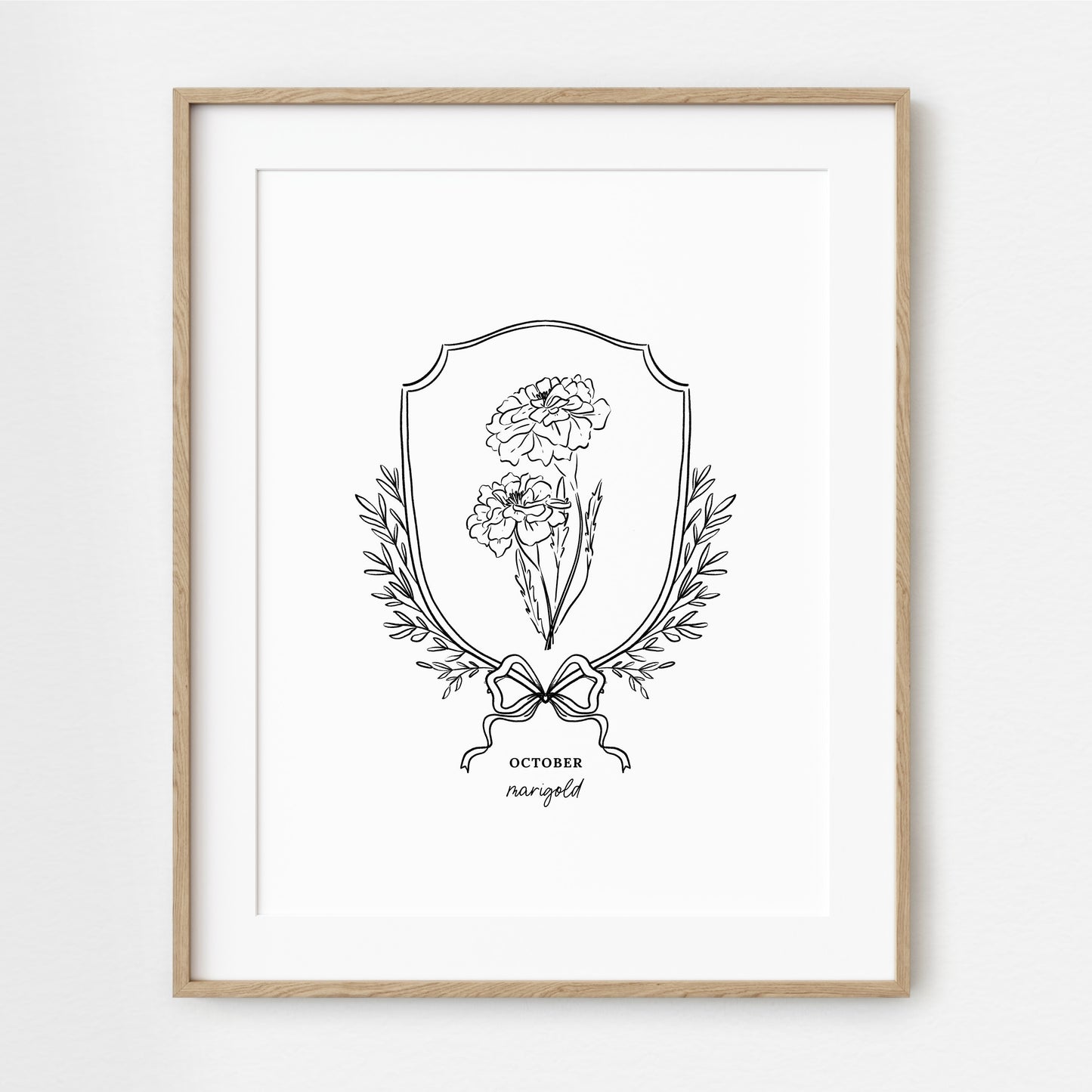 Pick Your Birth Flower Print | Unframed Custom Gift for Birthdays | Sketched Crest & Bow Floral Illustration