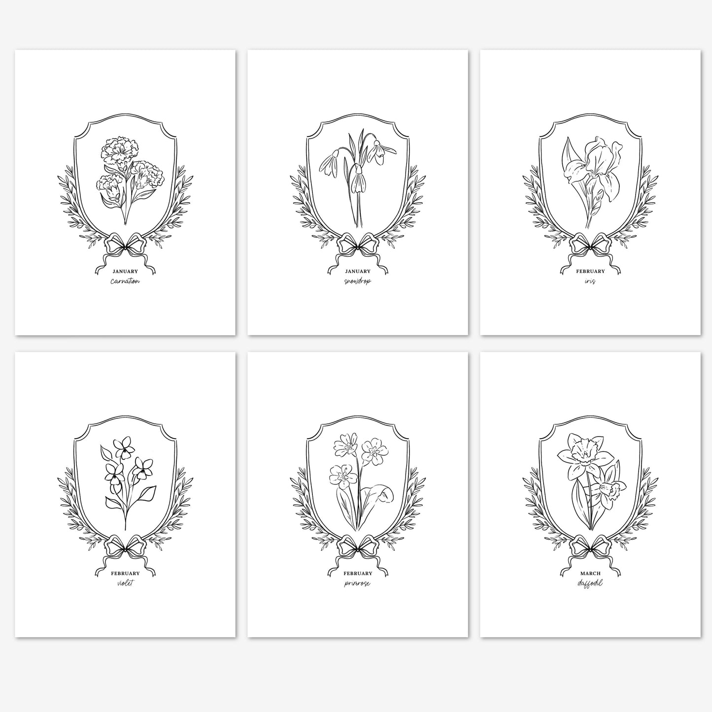 Pick Your Birth Flower Print | Unframed Custom Gift for Birthdays | Sketched Crest & Bow Floral Illustration