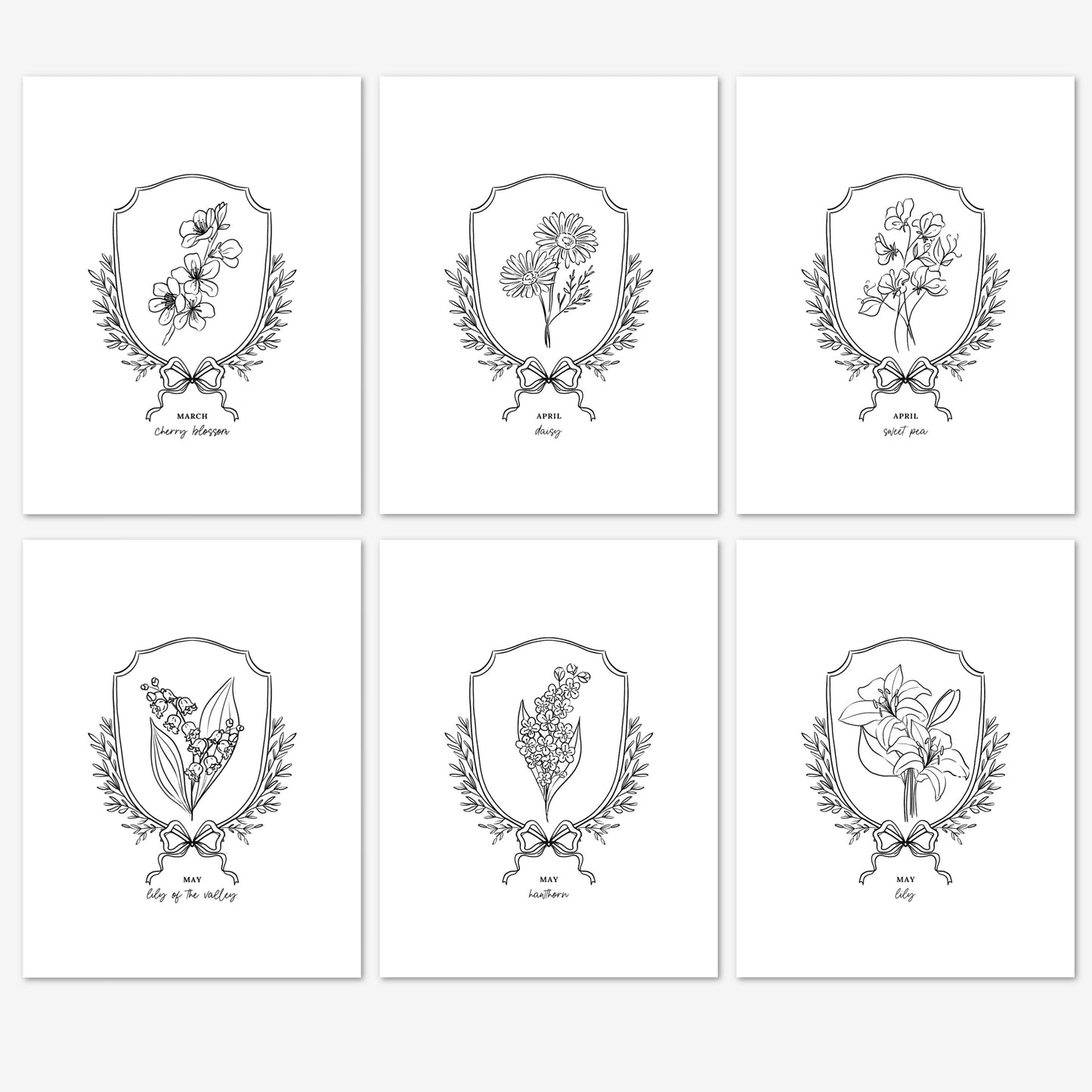 Pick Your Birth Flower Print | Unframed Custom Gift for Birthdays | Sketched Crest & Bow Floral Illustration