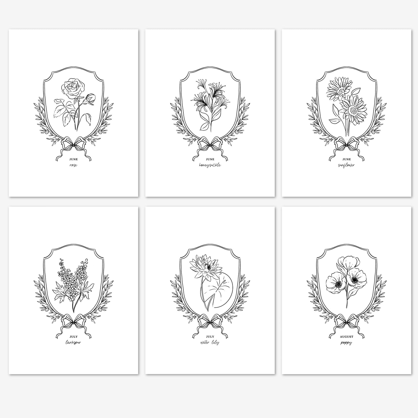 Pick Your Birth Flower Print | Unframed Custom Gift for Birthdays | Sketched Crest & Bow Floral Illustration