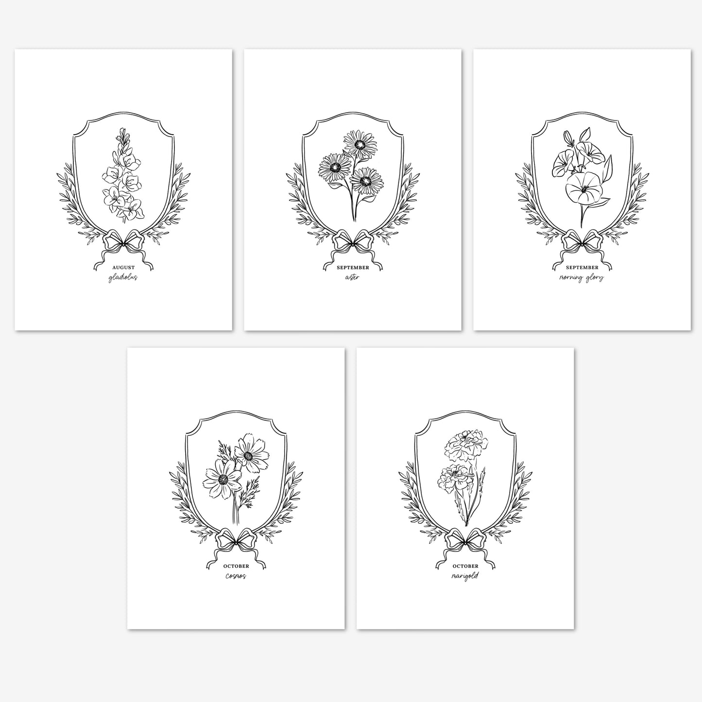 Pick Your Birth Flower Print | Unframed Custom Gift for Birthdays | Sketched Crest & Bow Floral Illustration