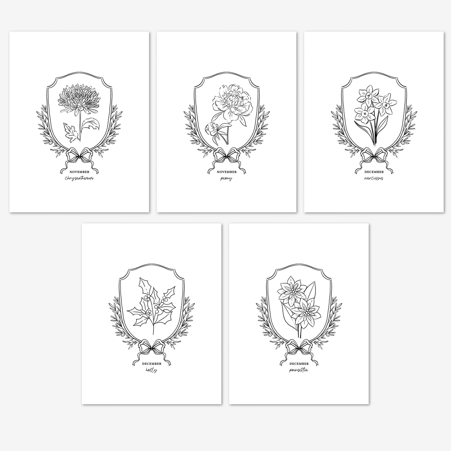 Pick Your Birth Flower Print | Unframed Custom Gift for Birthdays | Sketched Crest & Bow Floral Illustration