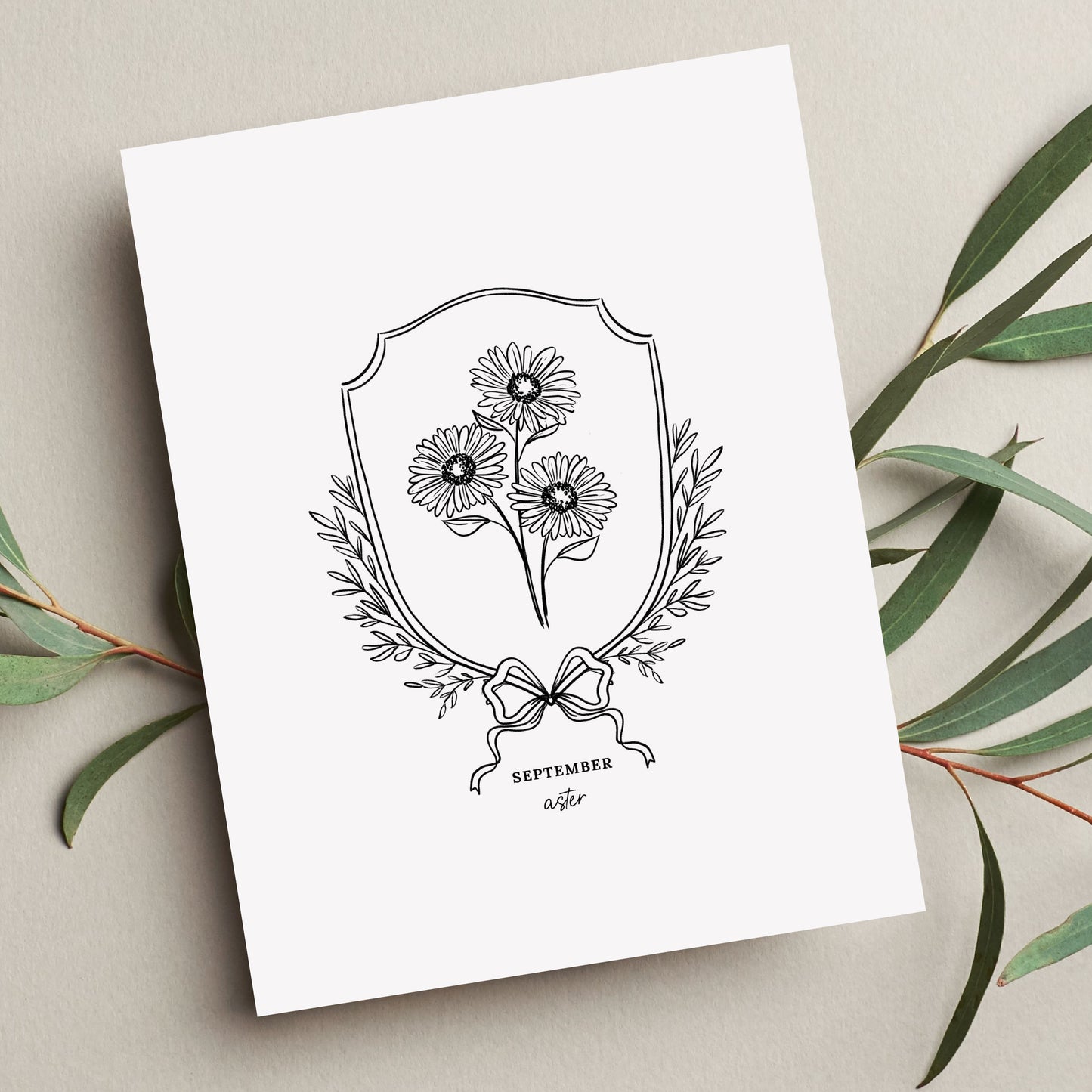 Pick Your Birth Flower Print | Unframed Custom Gift for Birthdays | Sketched Crest & Bow Floral Illustration