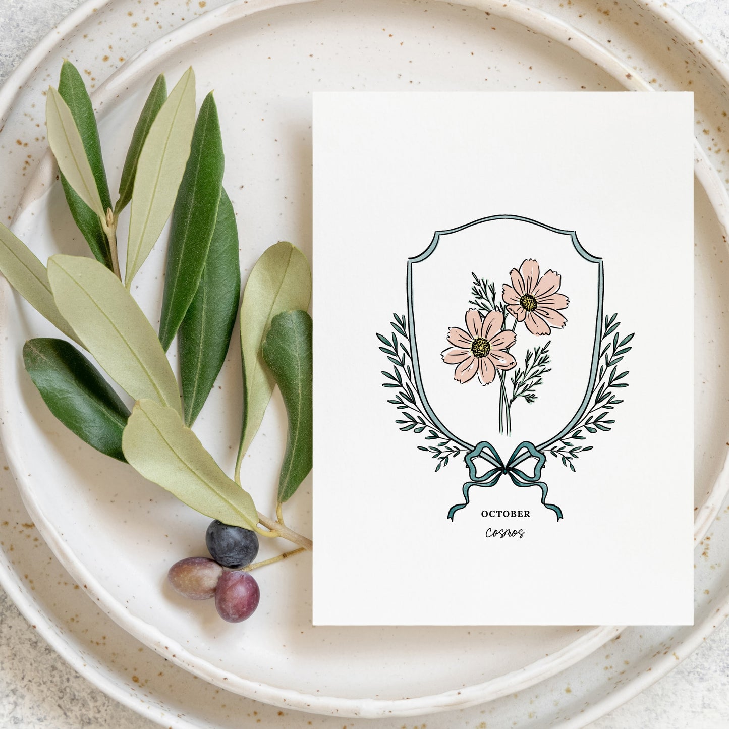 Pick Your Birth Flower Print | Unframed Custom Gift for Birthdays | Watercolor Crest & Bow Floral Illustration